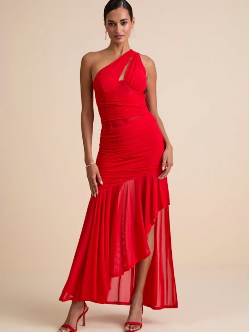 NWT Marcellina Red Mesh Ruched One-Shoulder Maxi Dress